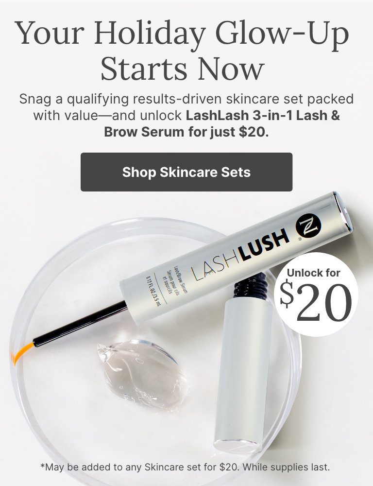 Holiday skincare promotion featuring LashLash 3-in-1 Lash & Brow Serum on a clear dish with gel, highlighting limited-time $20 offer when purchased with qualifying skincare sets.